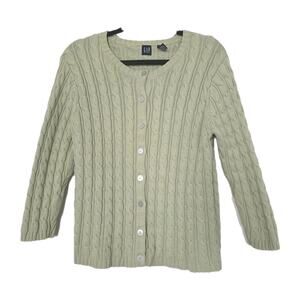 Vtg GAP Sweater Women XL Green Button Up Cable Knit Cotton Cardigan Chunky Y2K